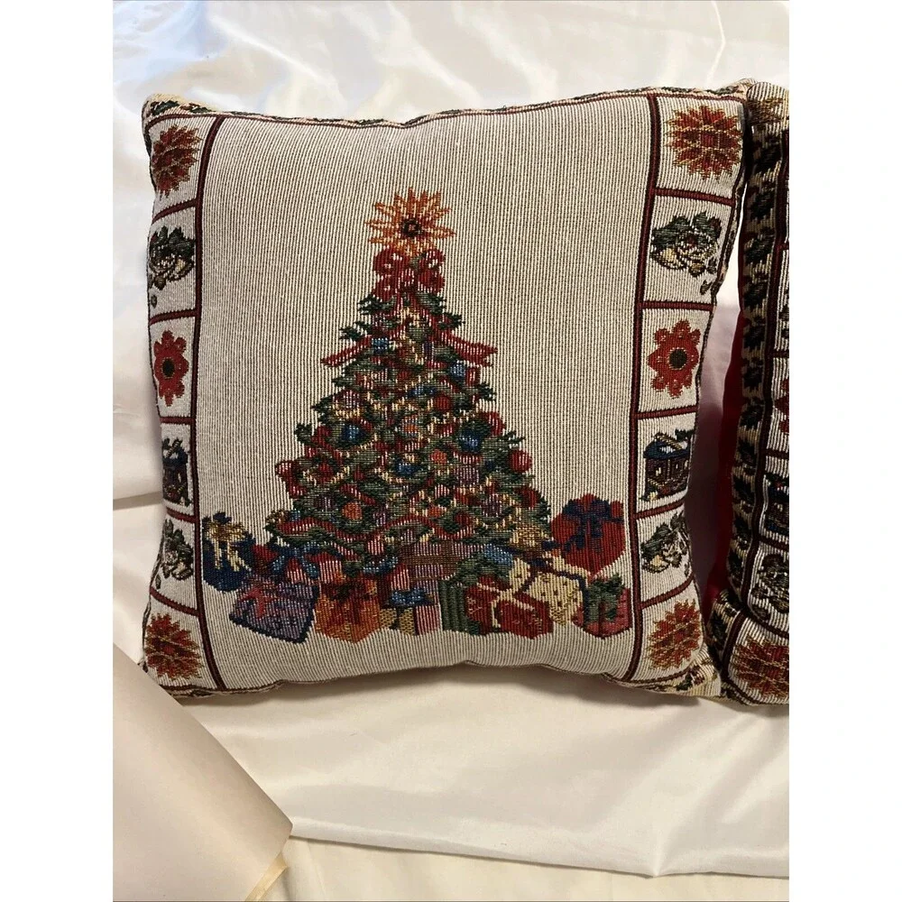 Vintage Tapestry Pillows Christmas tree with presents Square  12”x12”x4” (2)